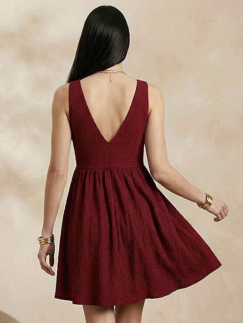 globus women red structured fabric boat neck with stylised back gathered fit & flare party dress - 21450390 -  Standard Image - 1