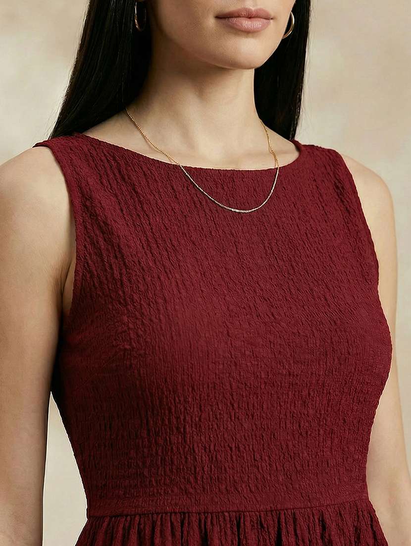 globus women red structured fabric boat neck with stylised back gathered fit & flare party dress - 21450390 -  Standard Image - 4