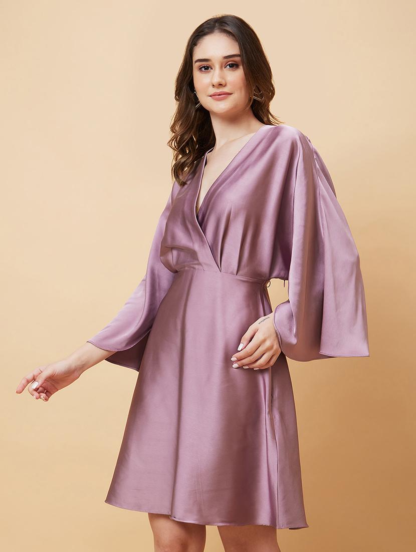globus women mauve wrap neck flared sleeves a-line party dress - 21450395 -  Standard Image - 1