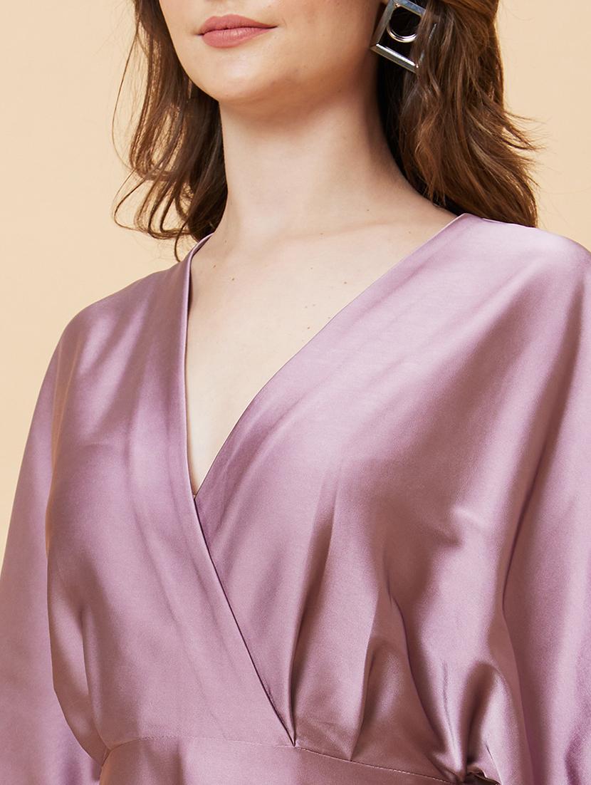 globus women mauve wrap neck flared sleeves a-line party dress - 21450395 - Standard Image - 6
