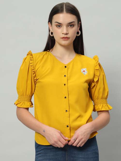 Women Mustard Cotton Regular Top