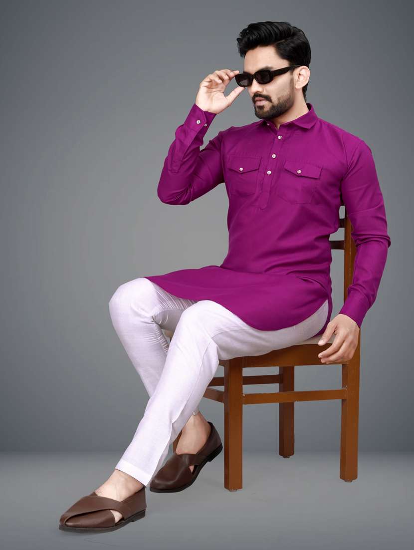 men purple cotton blend long kurta - 21450678 - Standard Image - 1