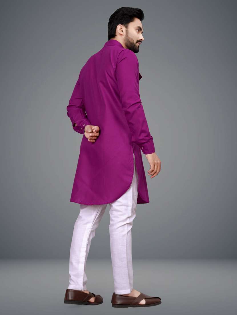 men purple cotton blend long kurta - 21450678 - Standard Image - 4
