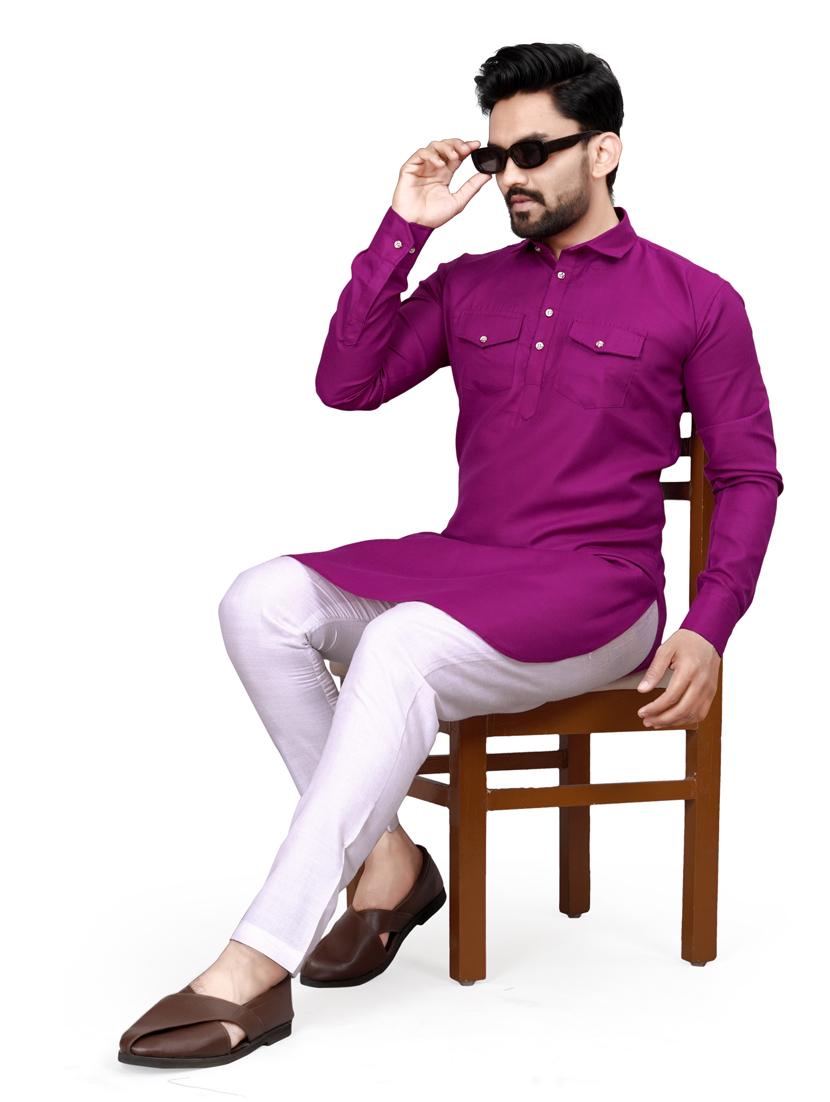 men purple cotton blend long kurta - 21450690 -  Standard Image - 1