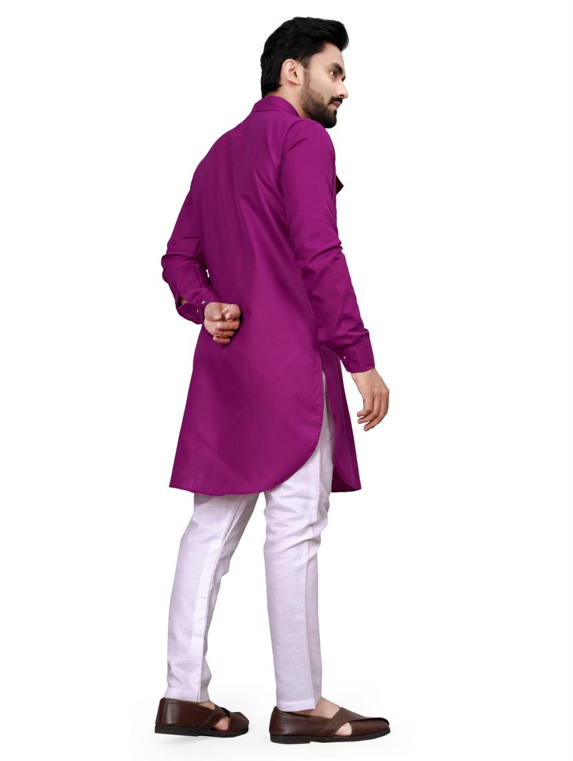 men purple cotton blend long kurta - 21450690 - Standard Image - 4