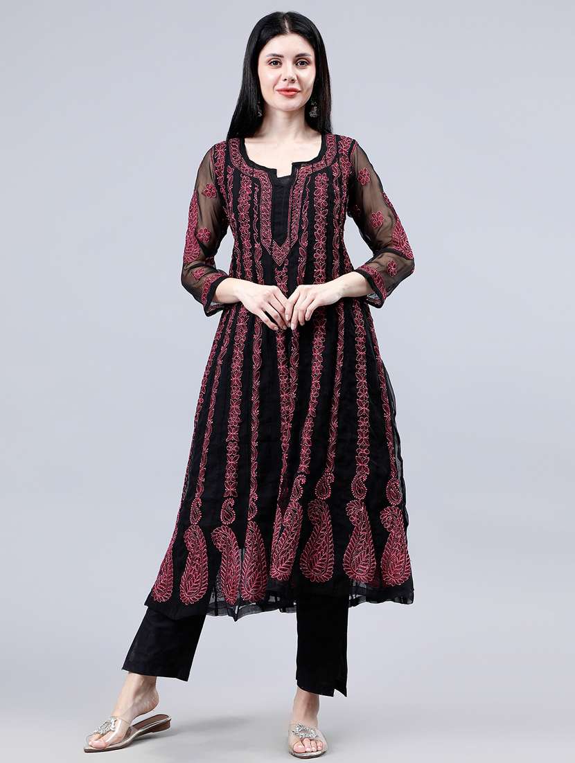 women three quarter sleeve chikankari work kurta  - 21450758 -  Standard Image - 1