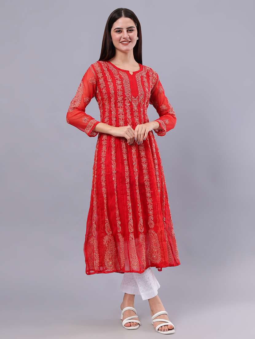 women three quarter sleeve chikankari work kurta  - 21450759 -  Standard Image - 1