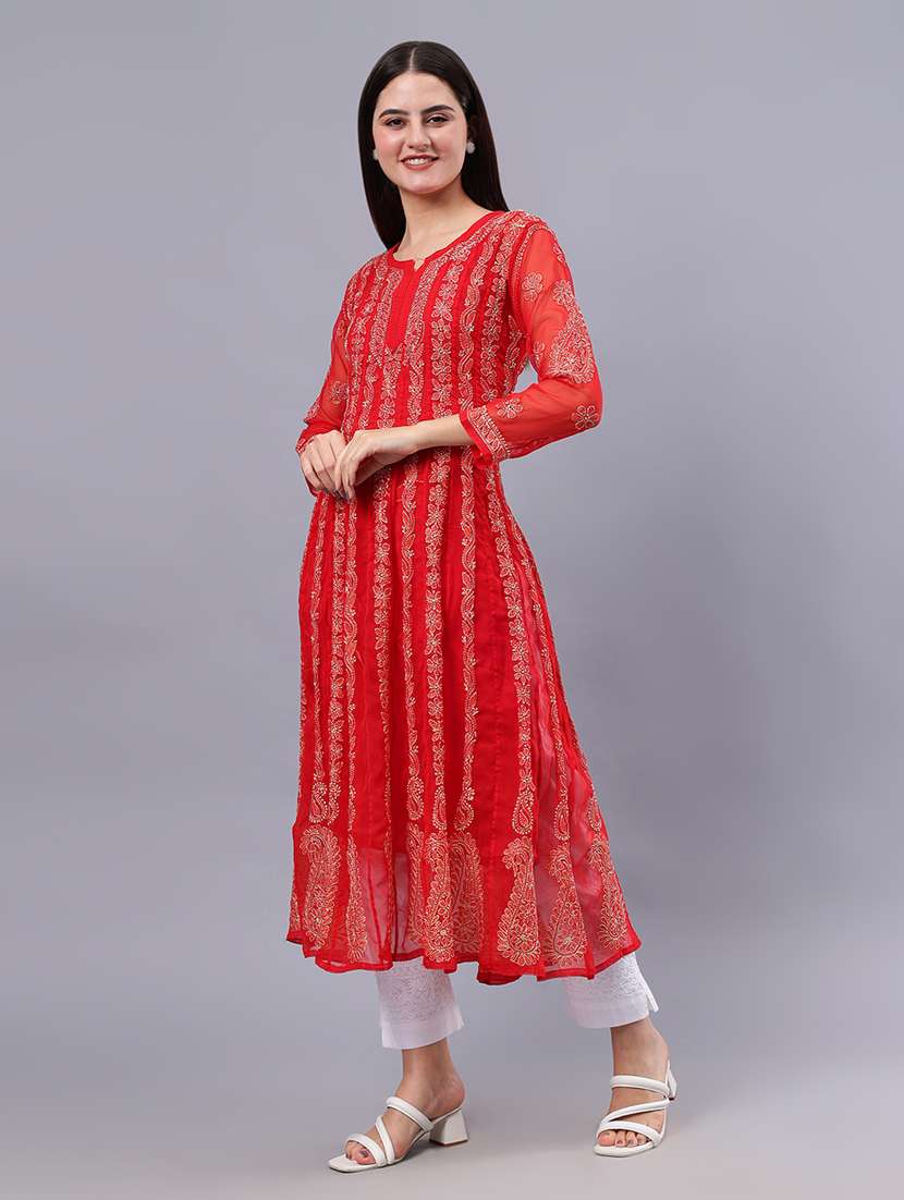 women three quarter sleeve chikankari work kurta  - 21450759 -  Standard Image - 4