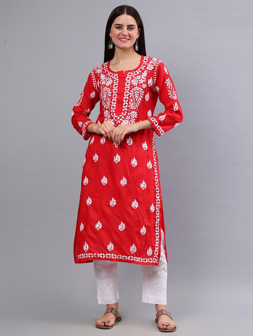 women three quarter sleeve chikankari work kurta - 21450762 - Zoom Image - 0