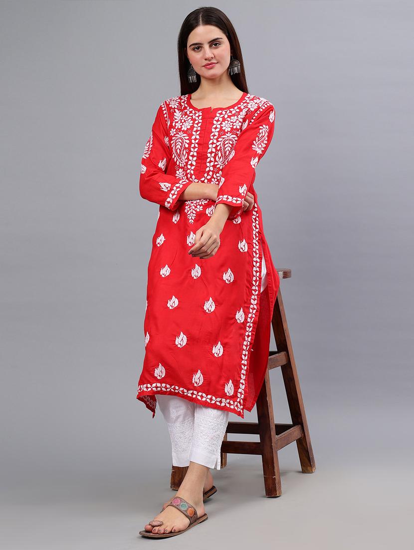 women three quarter sleeve chikankari work kurta - 21450762 - Standard Image - 1
