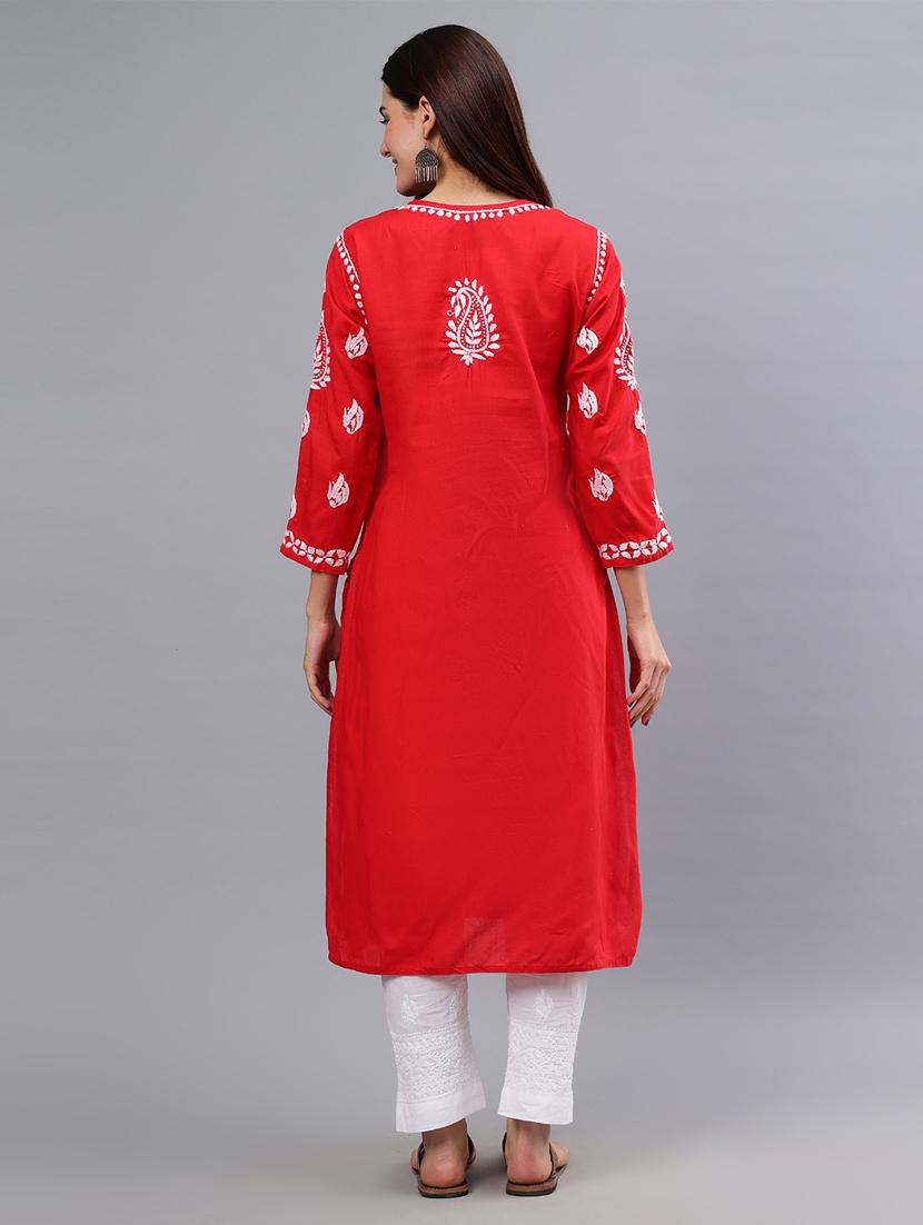 women three quarter sleeve chikankari work kurta - 21450762 - Standard Image - 4