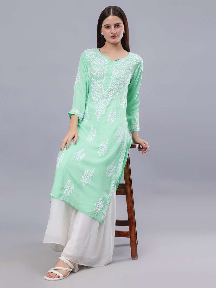 women three quarter sleeve chikankari work kurta  - 21450766 -  Standard Image - 1