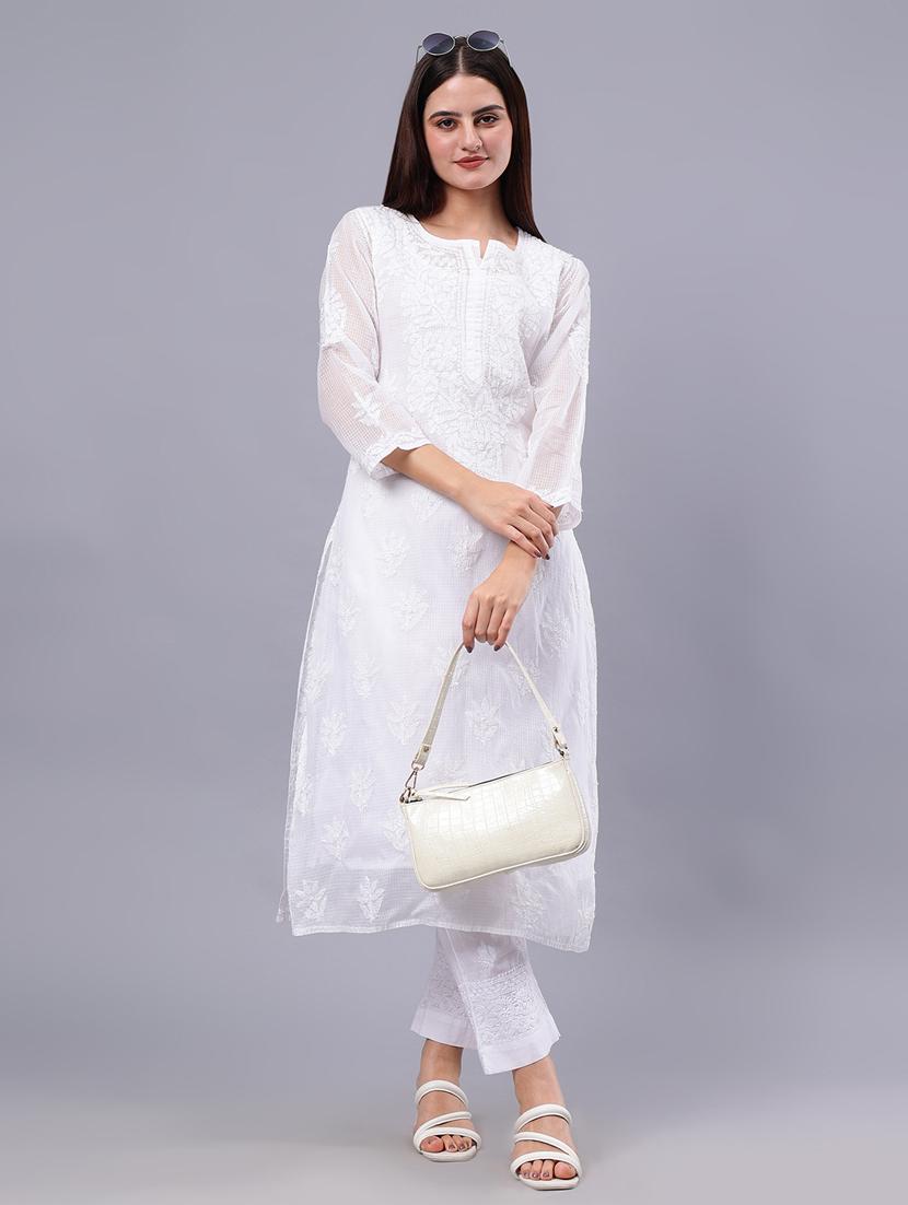 women three quarter sleeve chikankari work kurta - 21450768 - Standard Image - 1