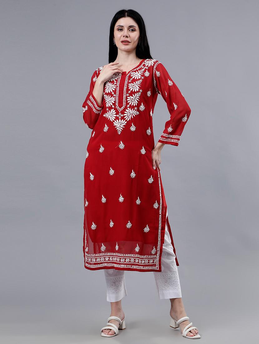 women three quarter sleeve chikankari work kurta  - 21450779 -  Zoom Image - 0
