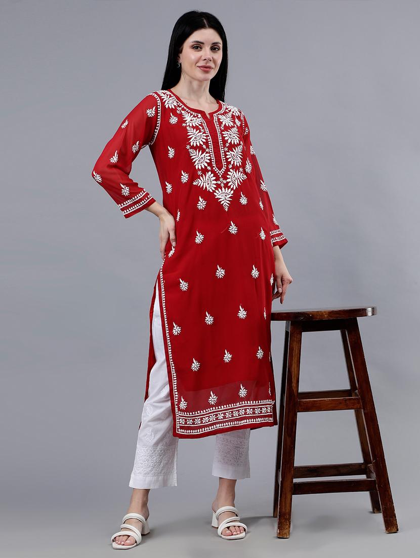 women three quarter sleeve chikankari work kurta  - 21450779 -  Standard Image - 1