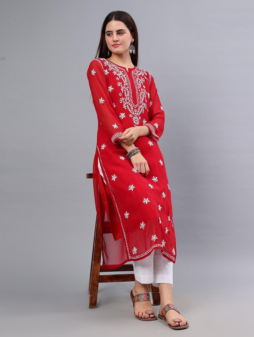 women three quarter sleeve chikankari work kurta  - 21450781 -  Standard Image - 1
