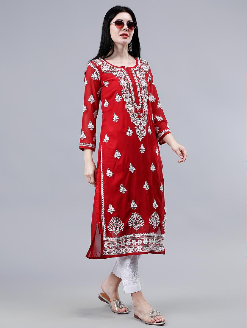 women three quarter sleeve chikankari work kurta - 21450782 - Standard Image - 1