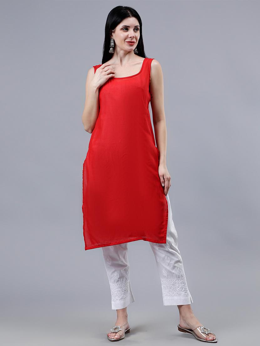 women three quarter sleeve chikankari work kurta - 21450782 - Standard Image - 4