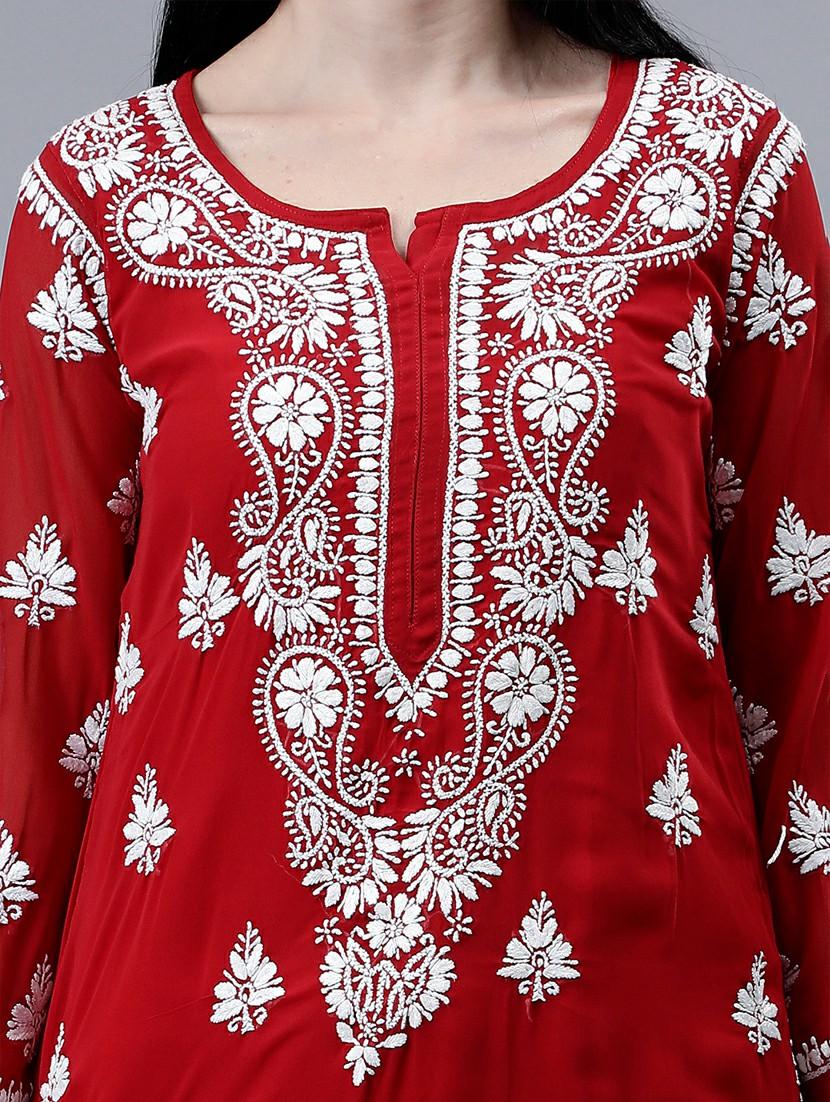 women three quarter sleeve chikankari work kurta - 21450782 - Standard Image - 6