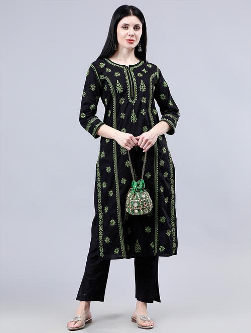 women three quarter sleeve chikankari work kurta - 21450784 - Standard Image - 0
