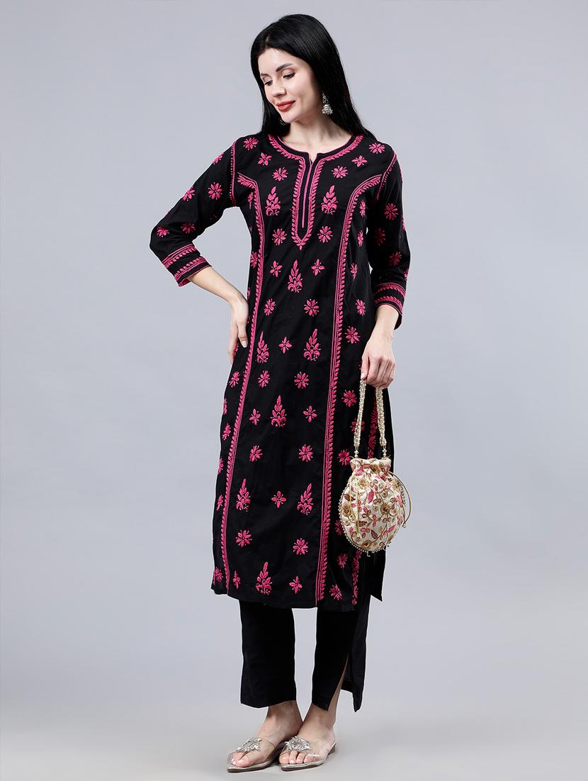 women three quarter sleeve chikankari work kurta - 21450785 - Standard Image - 1