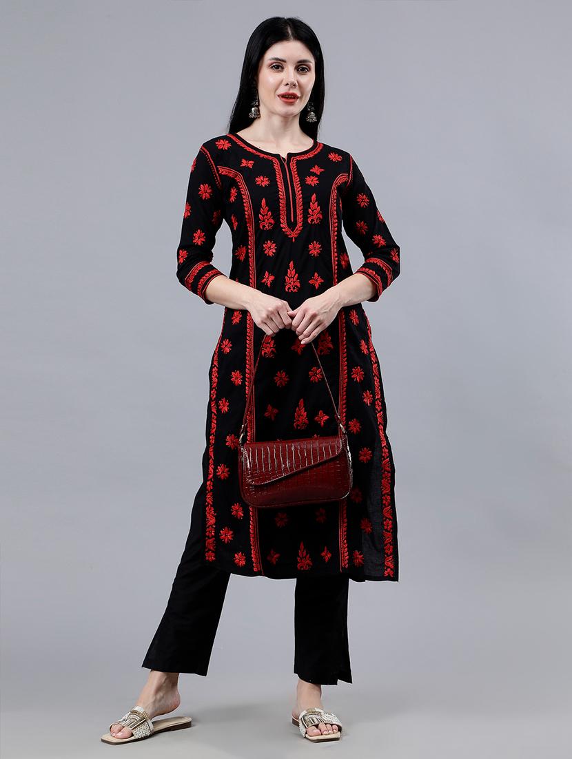women three quarter sleeve chikankari work kurta - 21450786 - Standard Image - 1