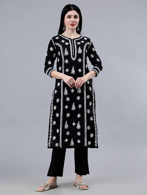 women three quarter sleeve chikankari work kurta  - 21450787 -  Standard Image - 0