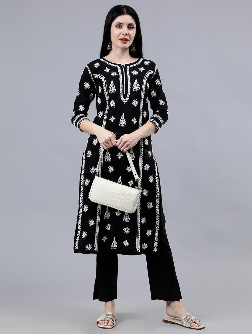 women three quarter sleeve chikankari work kurta - 21450787 - Standard Image - 1