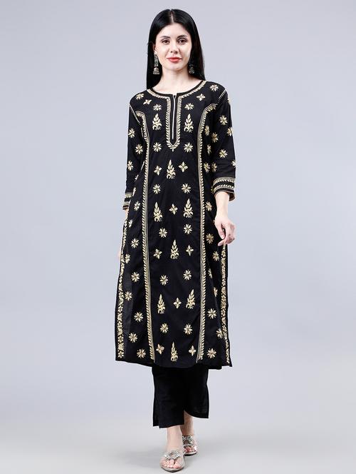women three quarter sleeve chikankari work kurta - 21450788 - Standard Image - 0