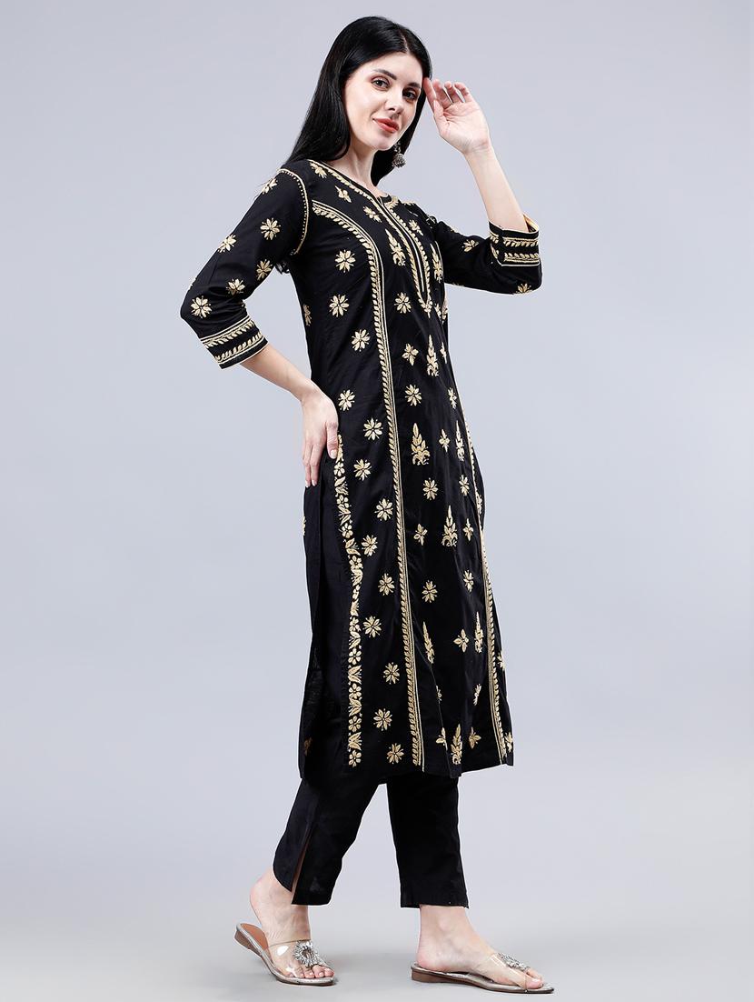 women three quarter sleeve chikankari work kurta - 21450788 - Standard Image - 1