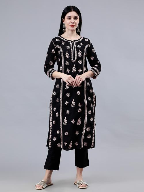 women three quarter sleeve chikankari work kurta  - 21450789 -  Standard Image - 0