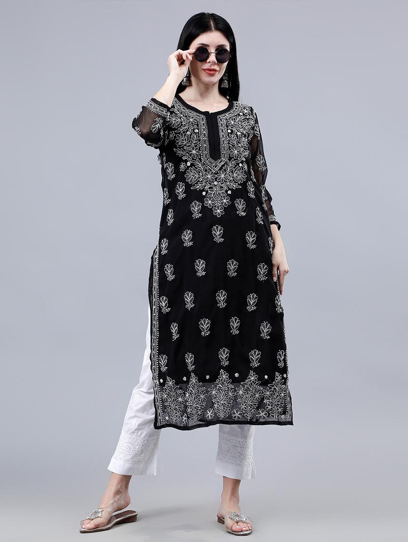 women three quarter sleeve chikankari work kurta  - 21450795 -  Standard Image - 1