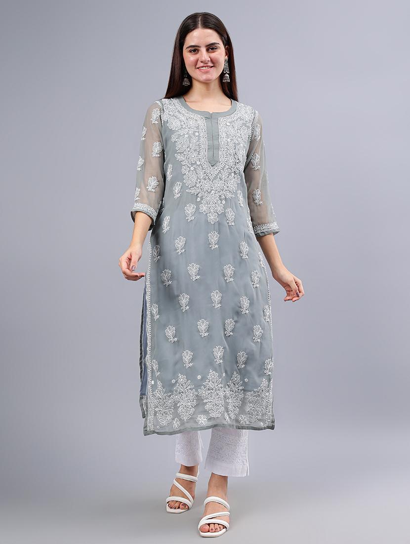 women round neck chikankari straight kurta - 21450796 - Zoom Image - 0