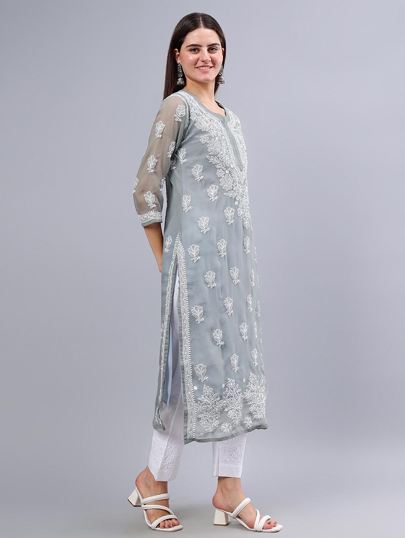 women round neck chikankari straight kurta - 21450796 - Standard Image - 1