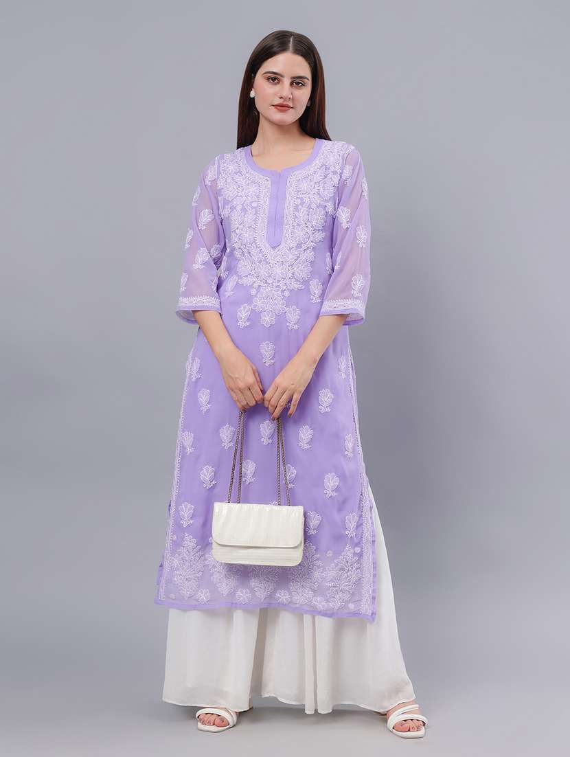 women three quarter sleeve chikankari work kurta  - 21450798 -  Standard Image - 1