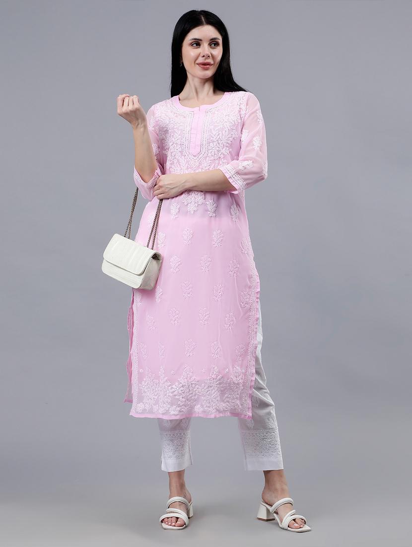women three quarter sleeve chikankari work kurta  - 21450799 -  Standard Image - 1