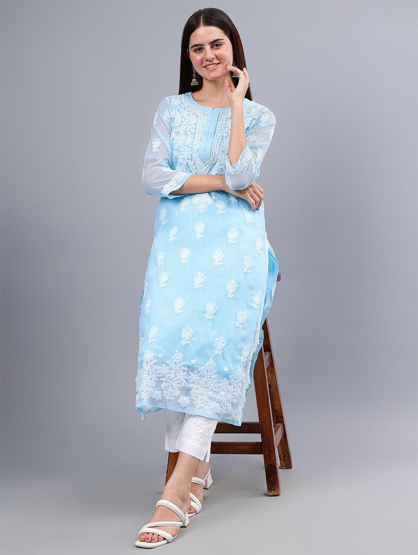 women three quarter sleeve chikankari work kurta - 21450800 - Standard Image - 1