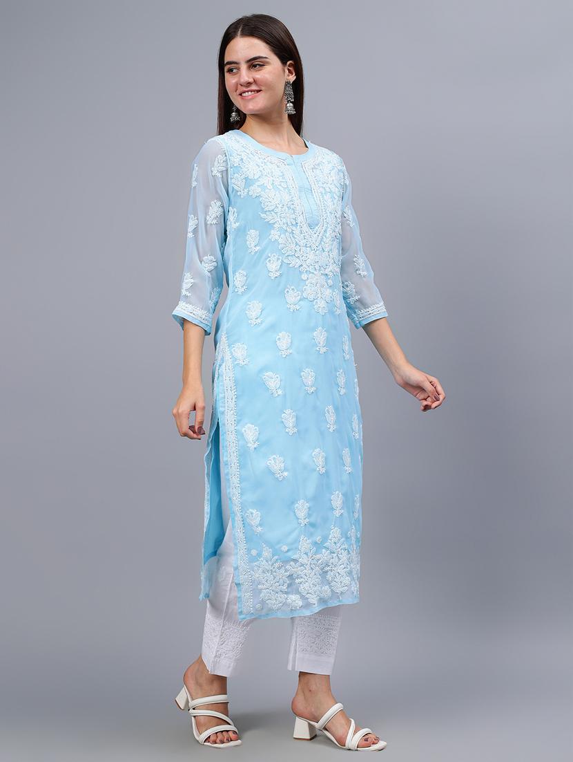 women three quarter sleeve chikankari work kurta - 21450800 - Standard Image - 4