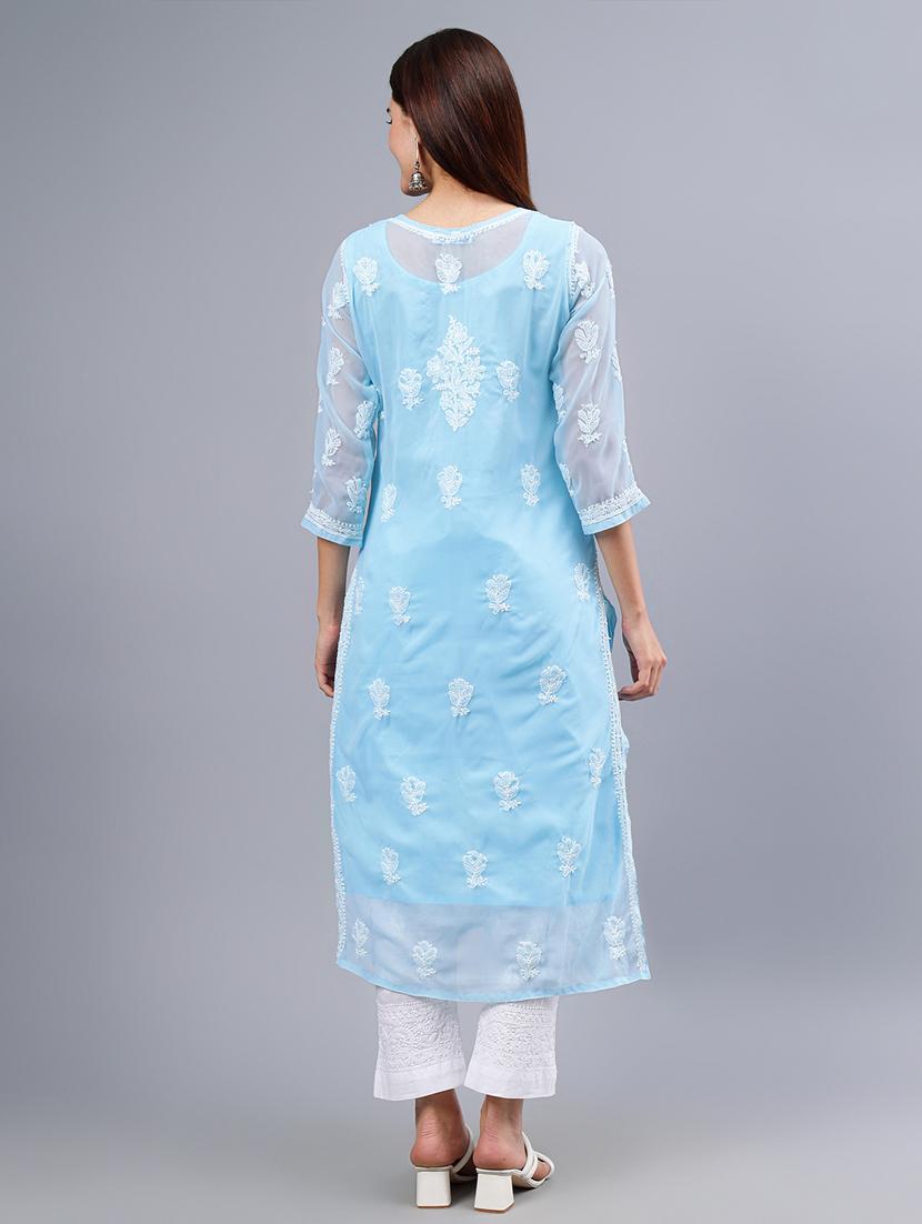 women three quarter sleeve chikankari work kurta - 21450800 - Standard Image - 6