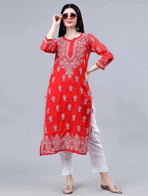 women three quarter sleeve chikankari work kurta  - 21450801 -  Standard Image - 0