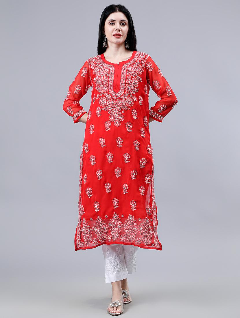 women three quarter sleeve chikankari work kurta - 21450801 - Standard Image - 1