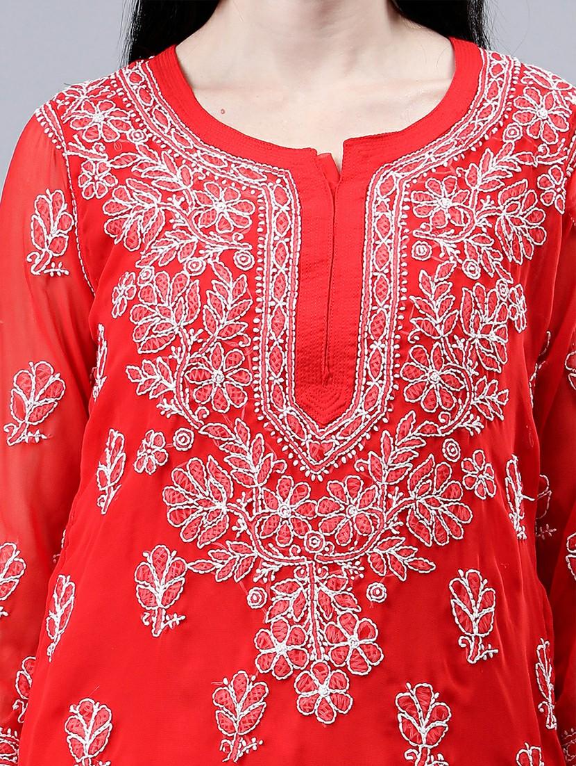 women three quarter sleeve chikankari work kurta - 21450801 - Standard Image - 6