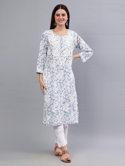 women three quarter sleeve chikankari work kurta - 21450802 - Standard Image - 0