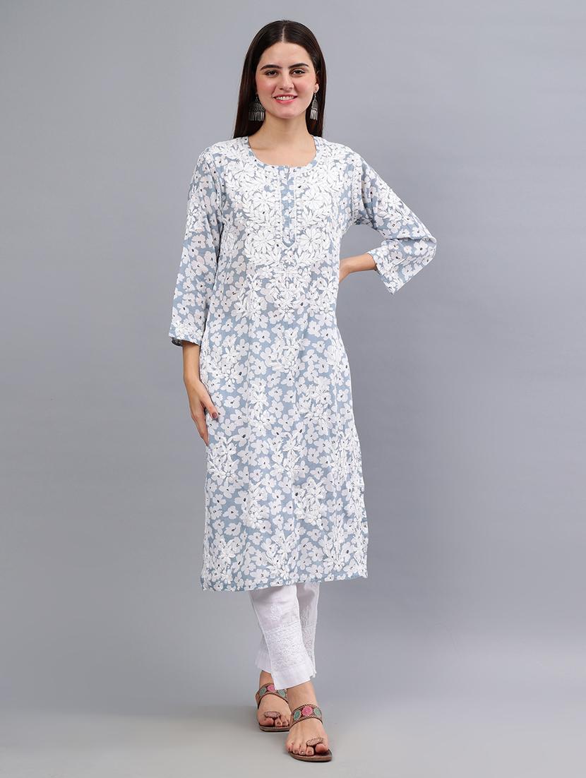 women three quarter sleeve chikankari work kurta - 21450802 - Zoom Image - 0