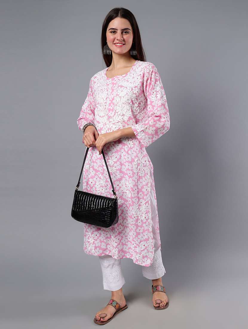 women three quarter sleeve chikankari work kurta - 21450803 - Standard Image - 1