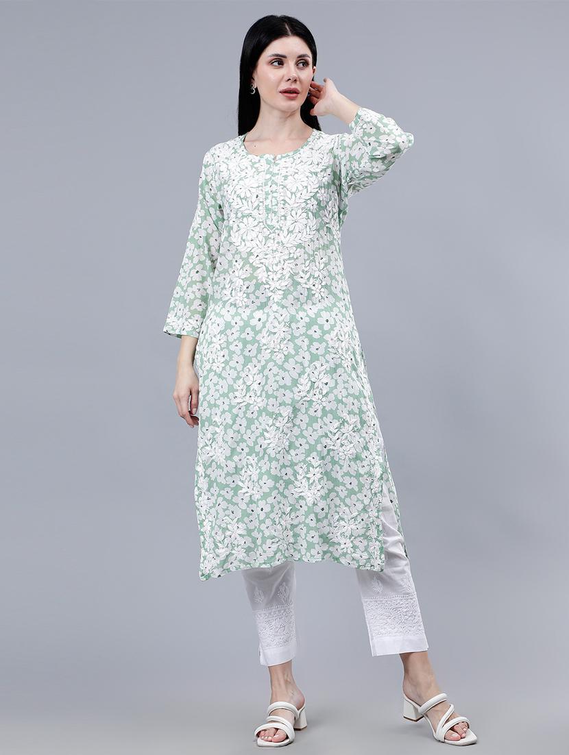 women three quarter sleeve chikankari kurta - 21450804 - Zoom Image - 0
