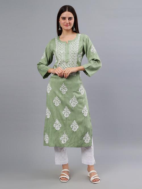women three quarter sleeve chikankari kurta - 21450810 - Standard Image - 0