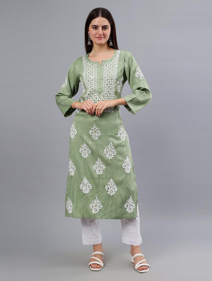 women three quarter sleeve chikankari kurta - 21450810 - Zoom Image - 0