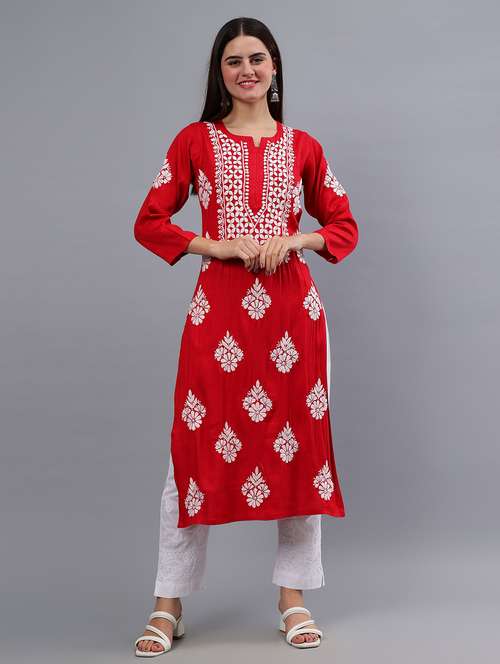 women three quarter sleeve chikankari kurta - 21450811 - Standard Image - 0