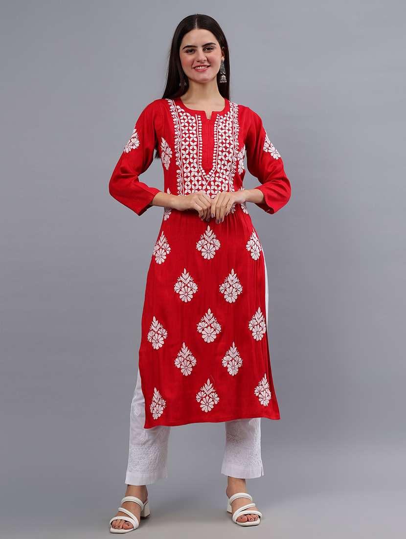 women three quarter sleeve chikankari kurta - 21450811 - Zoom Image - 0